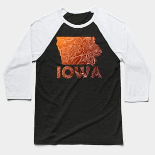 Colorful mandala art map of Iowa with text in brown and orange Baseball T-Shirt